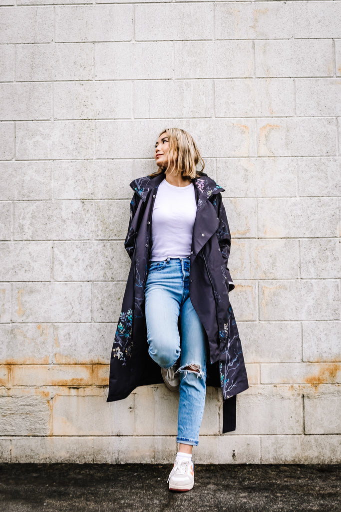 Scribbler Botany Luxe trench coat, trench style rain coat, rain jacket, floral trench coat, waterproof, longer length coat, rainwear, New Zealand designer, floral trench, dark brown coat, winter coat, japanese branches, plus size coat, curvy fashion, waterproof jacket, hooded raincoat, lightweight rain jacket, rain gear, outdoor clothing, breathable rain jacket, windproof jacket, rainwear