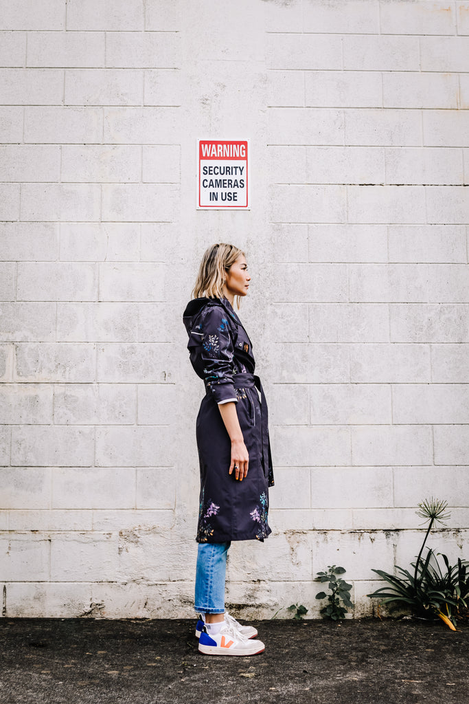 Scribbler Botany Luxe trench coat, trench style rain coat, rain jacket, floral trench coat, waterproof, longer length coat, rainwear, New Zealand designer, floral trench, dark brown coat, winter coat, japanese branches, plus size coat, curvy fashion, waterproof jacket, hooded raincoat, lightweight rain jacket, rain gear, outdoor clothing, breathable rain jacket, windproof jacket, rainwear