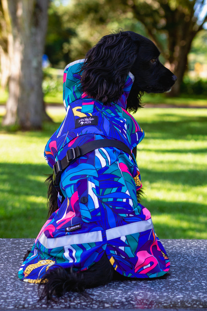 Scribbler pets, waterproof raincoat for dogs, rain jacket for dog, outerwear for dogs, waterproof, seam sealed, recycled plastic, jungle print, unisex, printed rainwear for pets, lightweight, reflective strip, sustainable