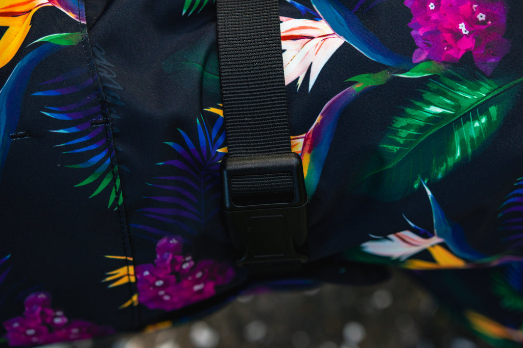 Scribbler pets, waterproof raincoat for dogs, rain jacket for dog, outerwear for dogs, waterproof, seam sealed, recycled plastic, tropical print, bird of paradise, colourful, printed rainwear for pets